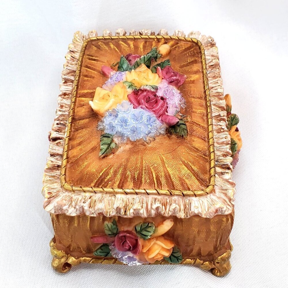 VTG Victorian Floral Jewelry Trinket Box With Raised Rose Design & Gold Accents - Picture 7 of 15